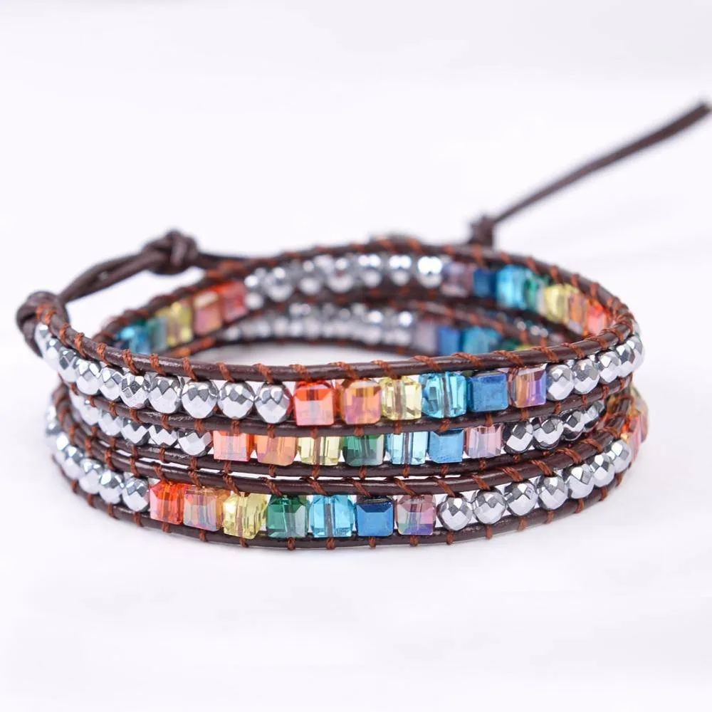 Natural Stone Handmade Chakra Leather Wrap Crystal Bracelet