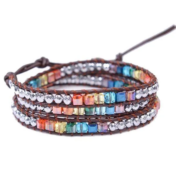 Natural Stone Handmade Chakra Leather Wrap Crystal Bracelet