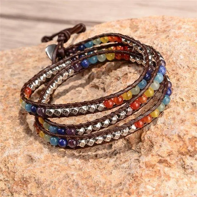 Natural Stone Handmade Chakra Leather Wrap Crystal Bracelet