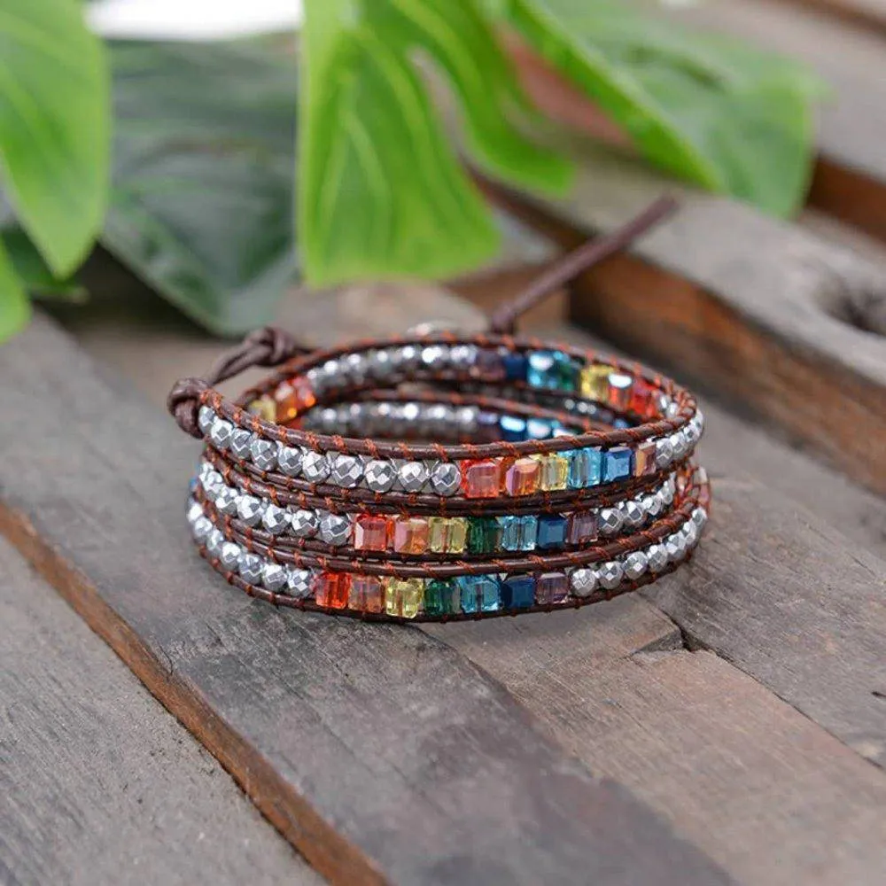 Natural Stone Handmade Chakra Leather Wrap Crystal Bracelet