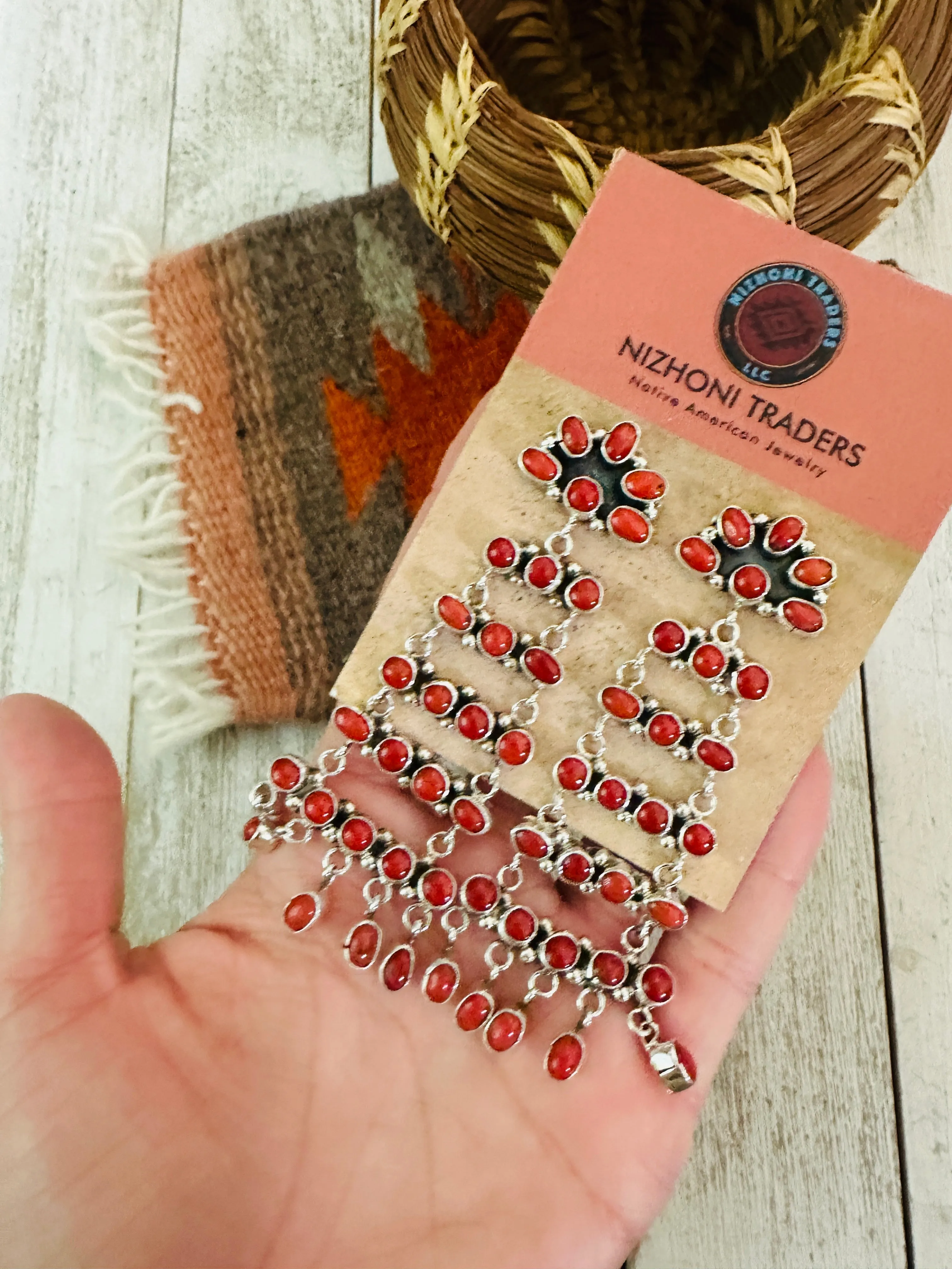 Navajo Coral & Sterling Silver Chandelier Dangle Earrings