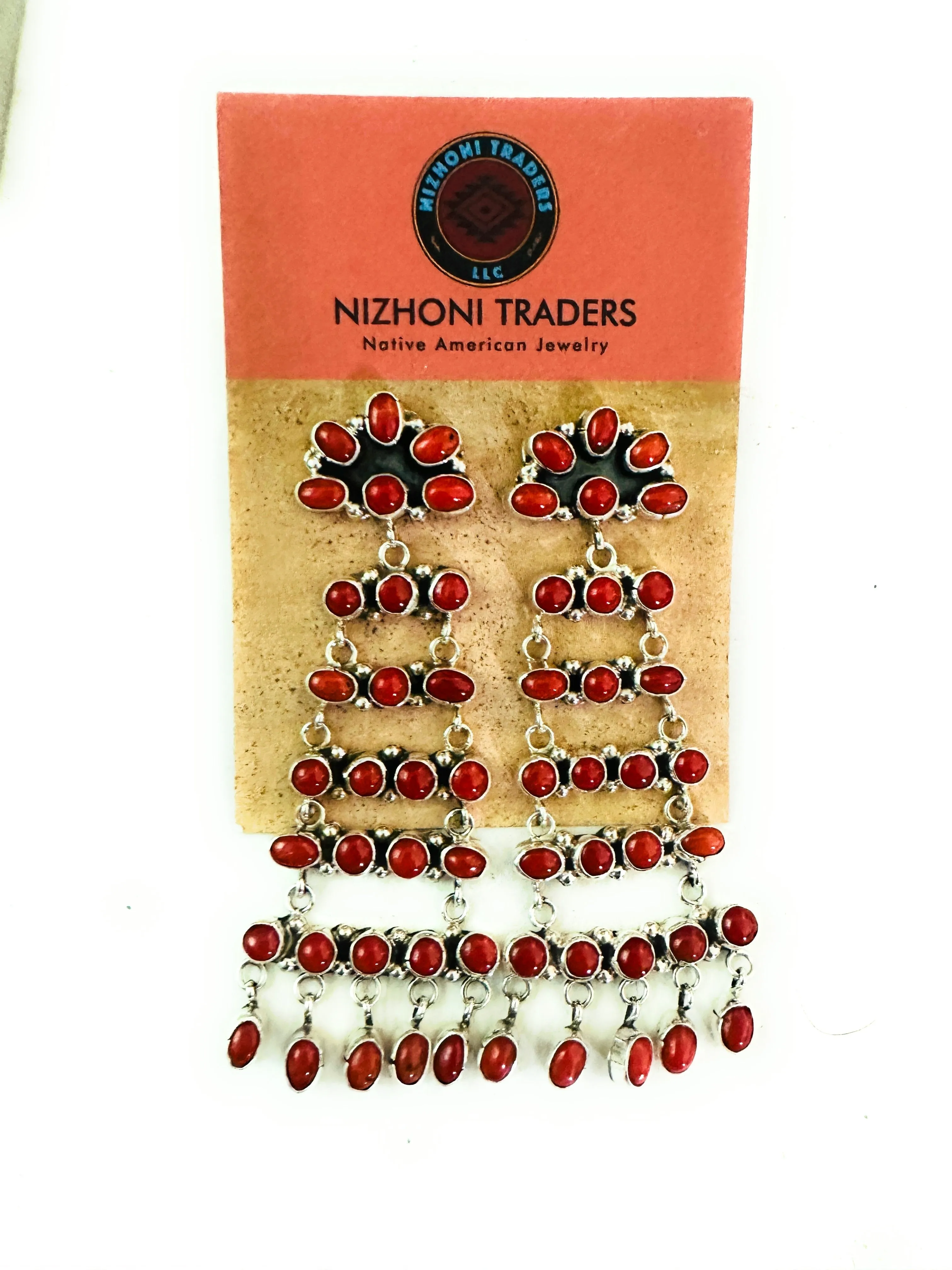 Navajo Coral & Sterling Silver Chandelier Dangle Earrings