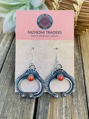 Navajo Coral & Sterling Silver Naja Cross Dangle Earrings By Kevin Billah