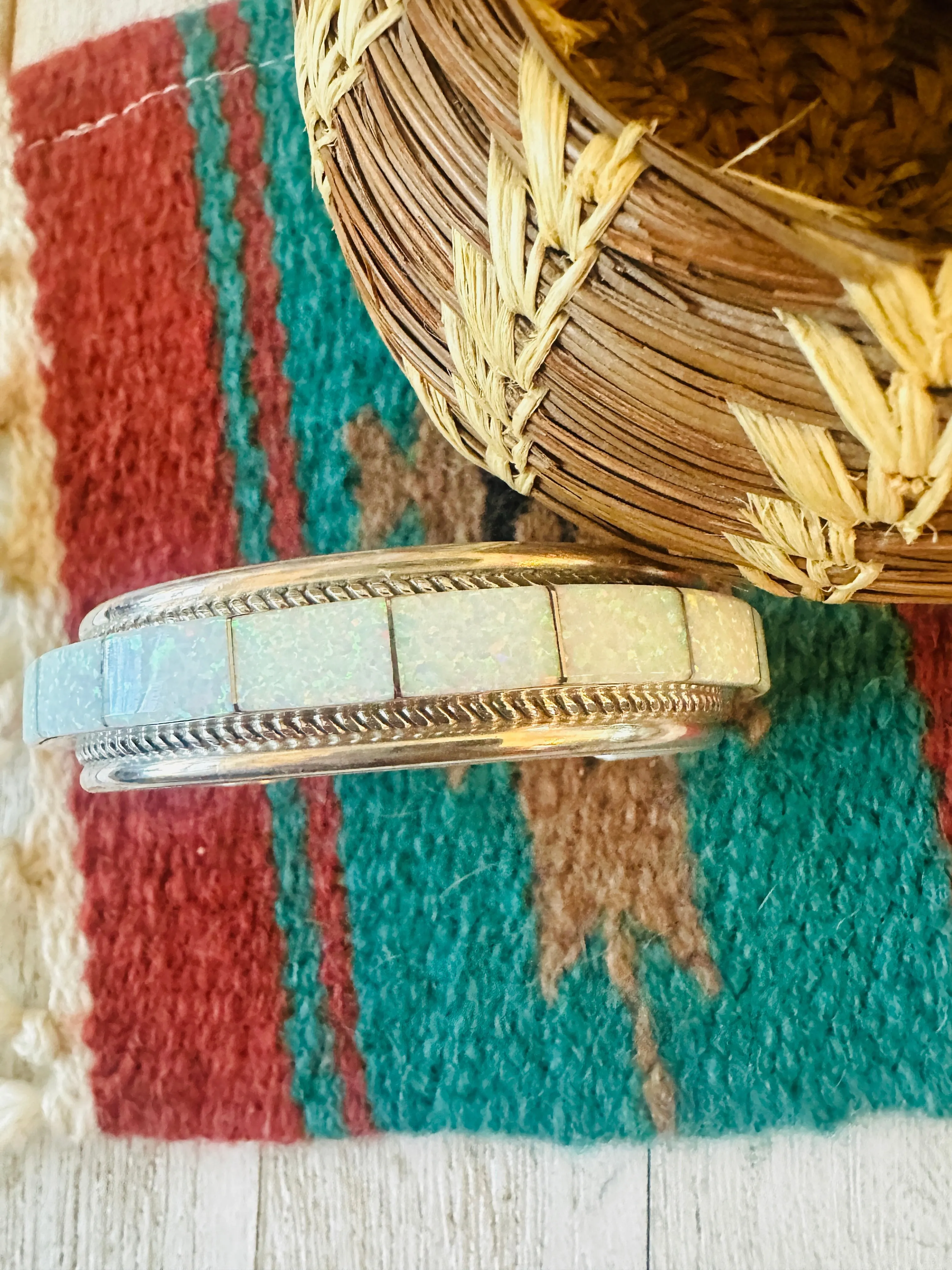 Navajo Fire Opal & Sterling Silver Inlay Cuff Bracelet