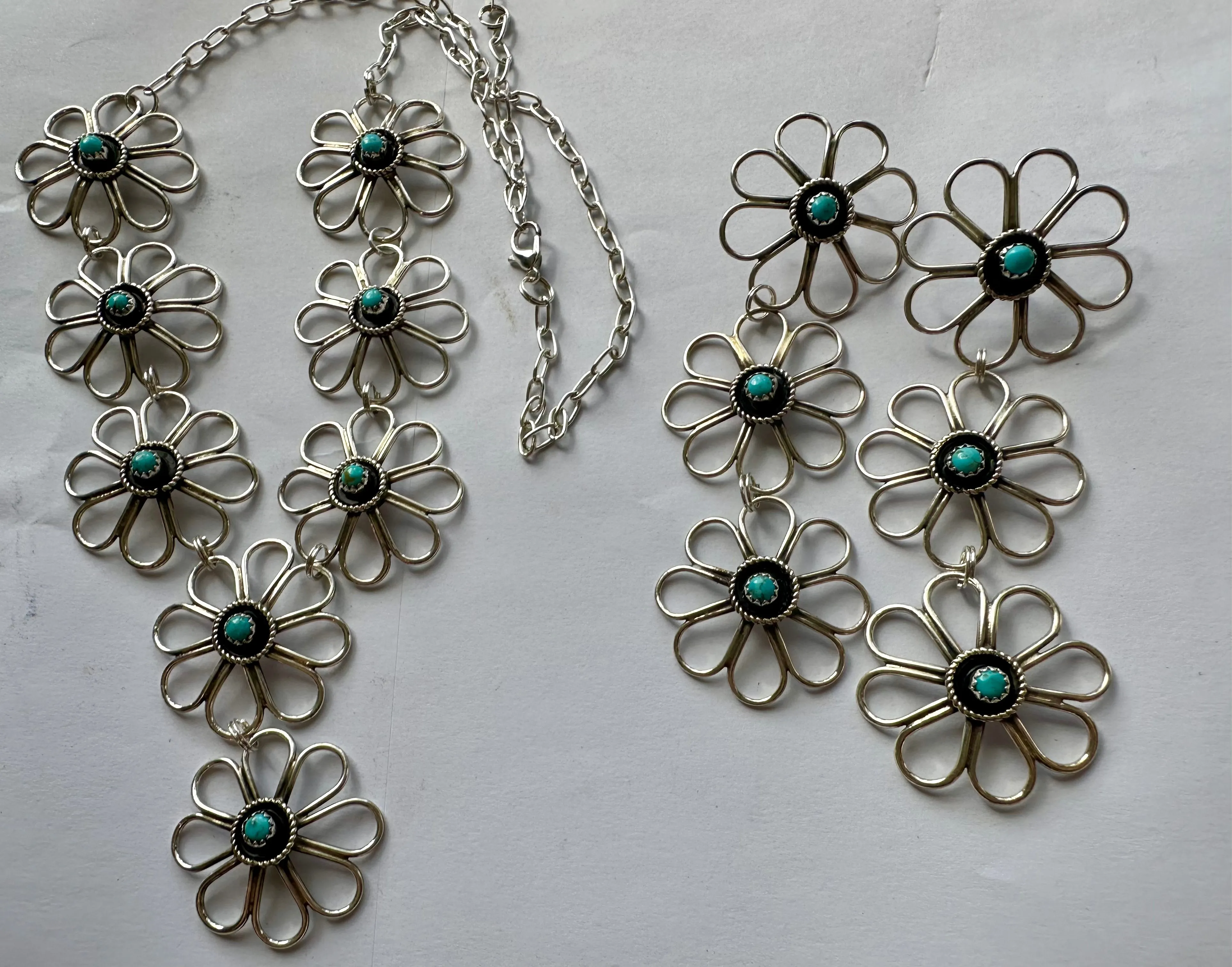 Navajo Sterling Silver & Turquoise Flower Necklace Earring Set