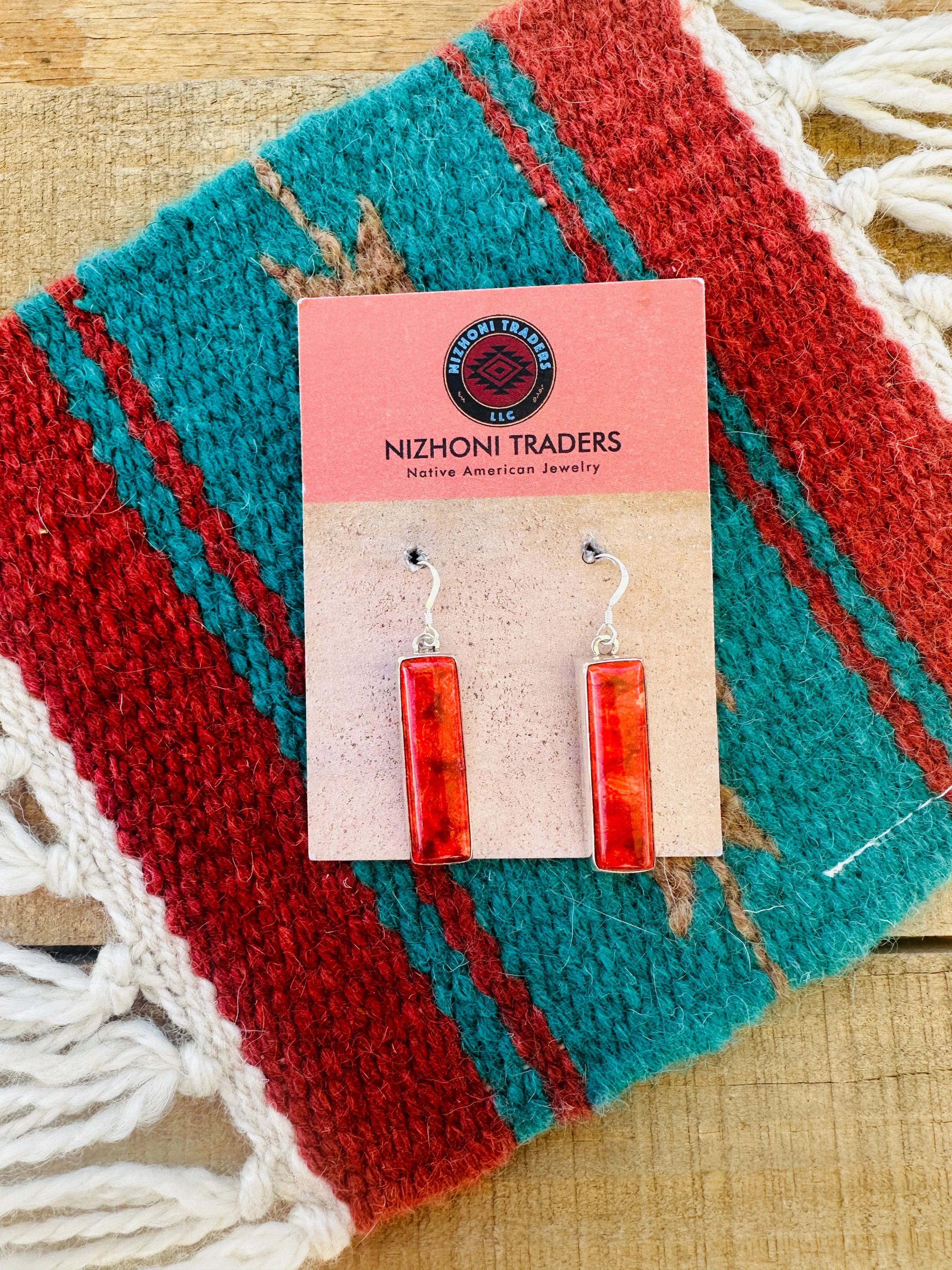 Navajo Sterling Silver Apple Coral Rectangle Dangle Earrings