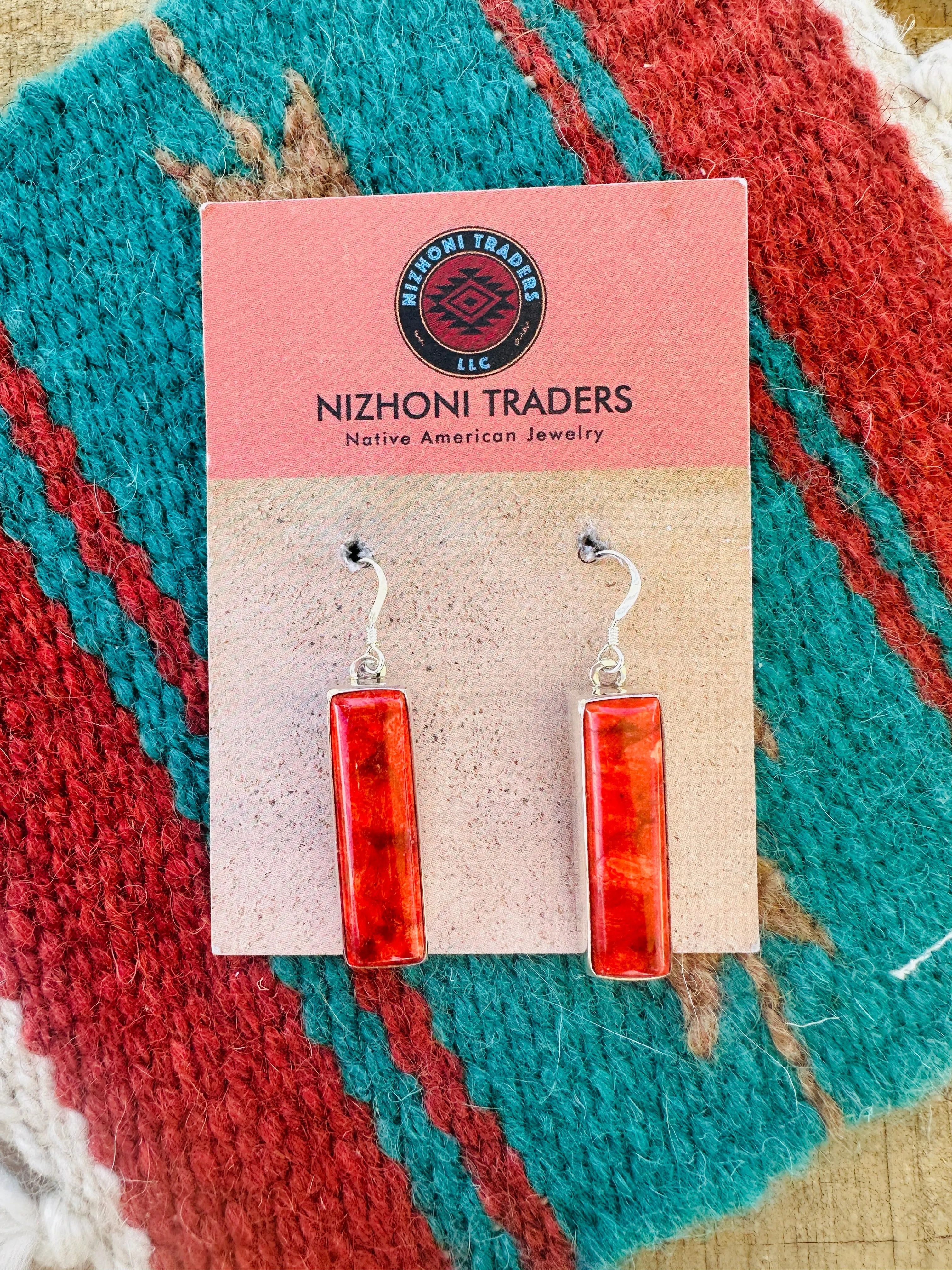 Navajo Sterling Silver Apple Coral Rectangle Dangle Earrings