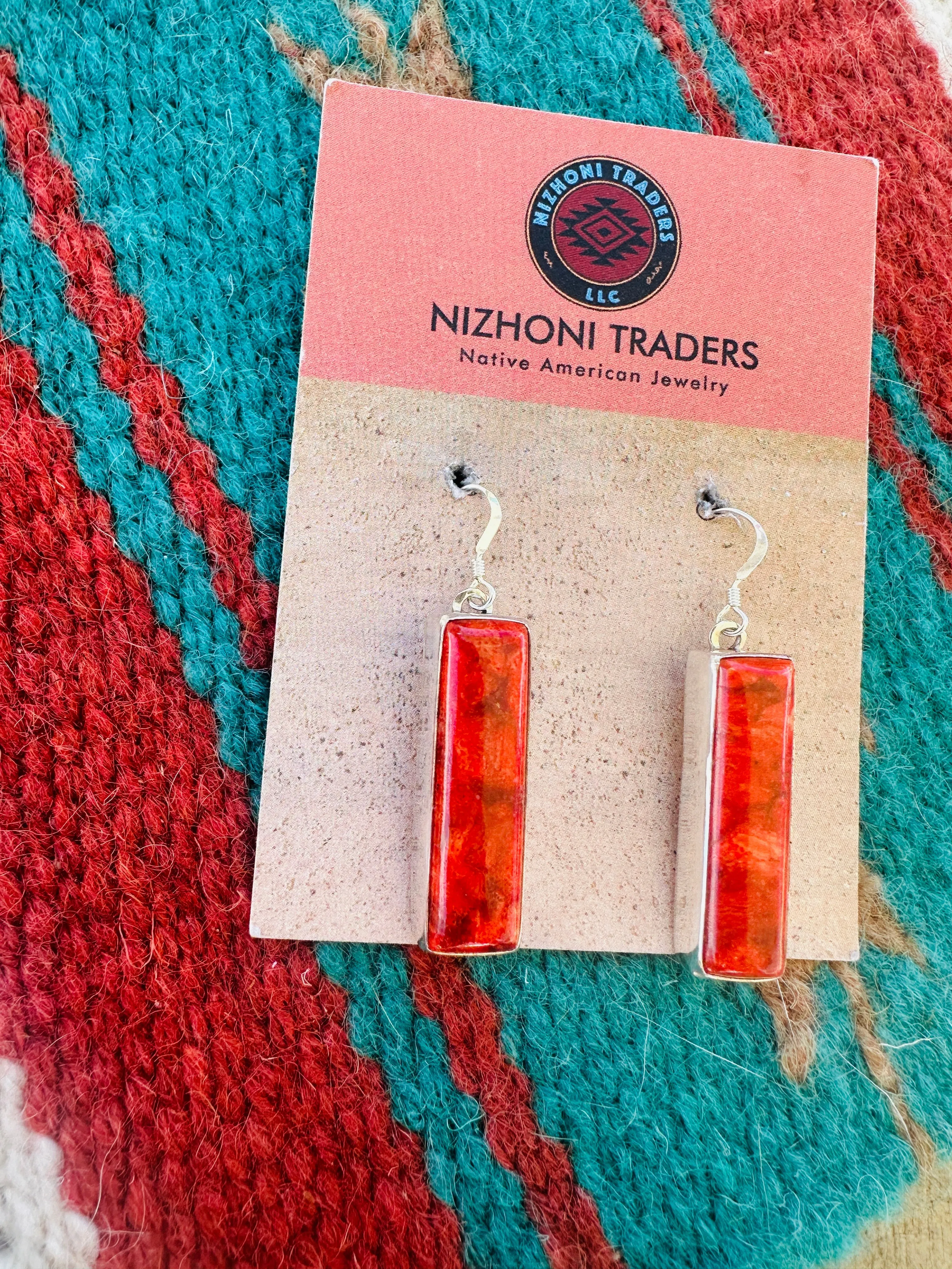 Navajo Sterling Silver Apple Coral Rectangle Dangle Earrings