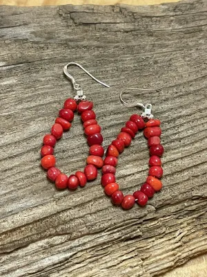 Navajo Sterling Silver Bead Apple Coral Dangle 2 Inch Long Hoop Earrings