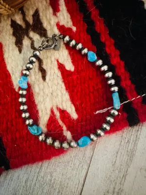 Navajo Turquoise & Sterling Silver Beaded Bracelet 7.5 inch