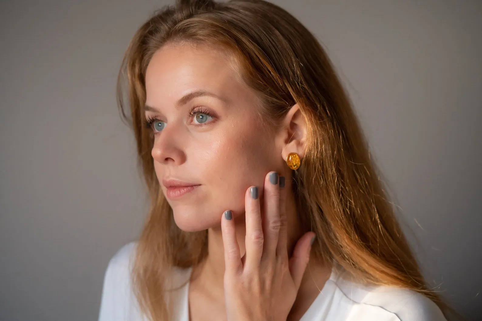 Oval Citrus Amber and Gold Stud Earrings