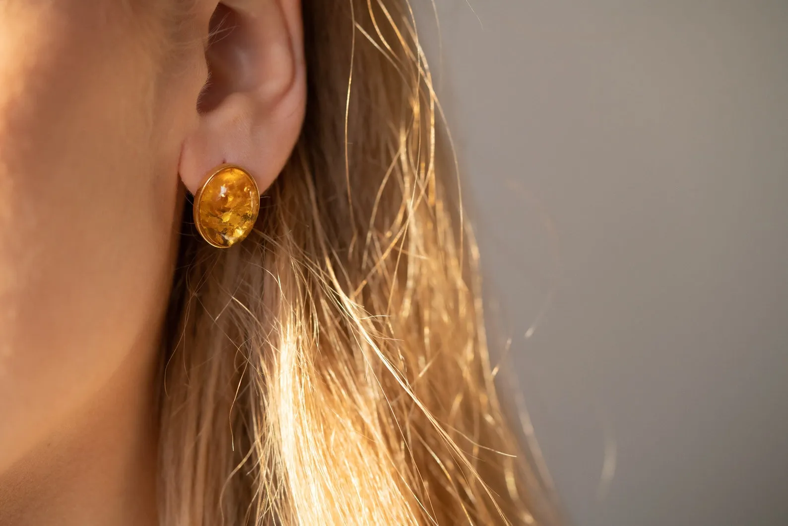 Oval Citrus Amber and Gold Stud Earrings