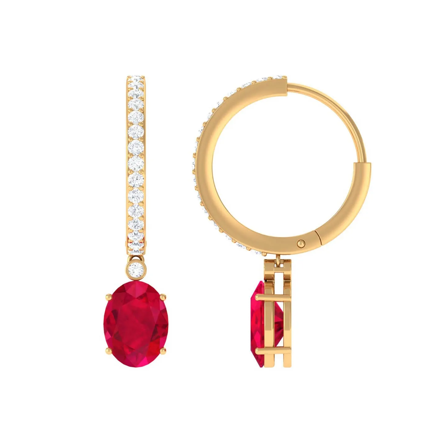 Oval Created Ruby Hinged Hoop Drop Earrings with Diamond