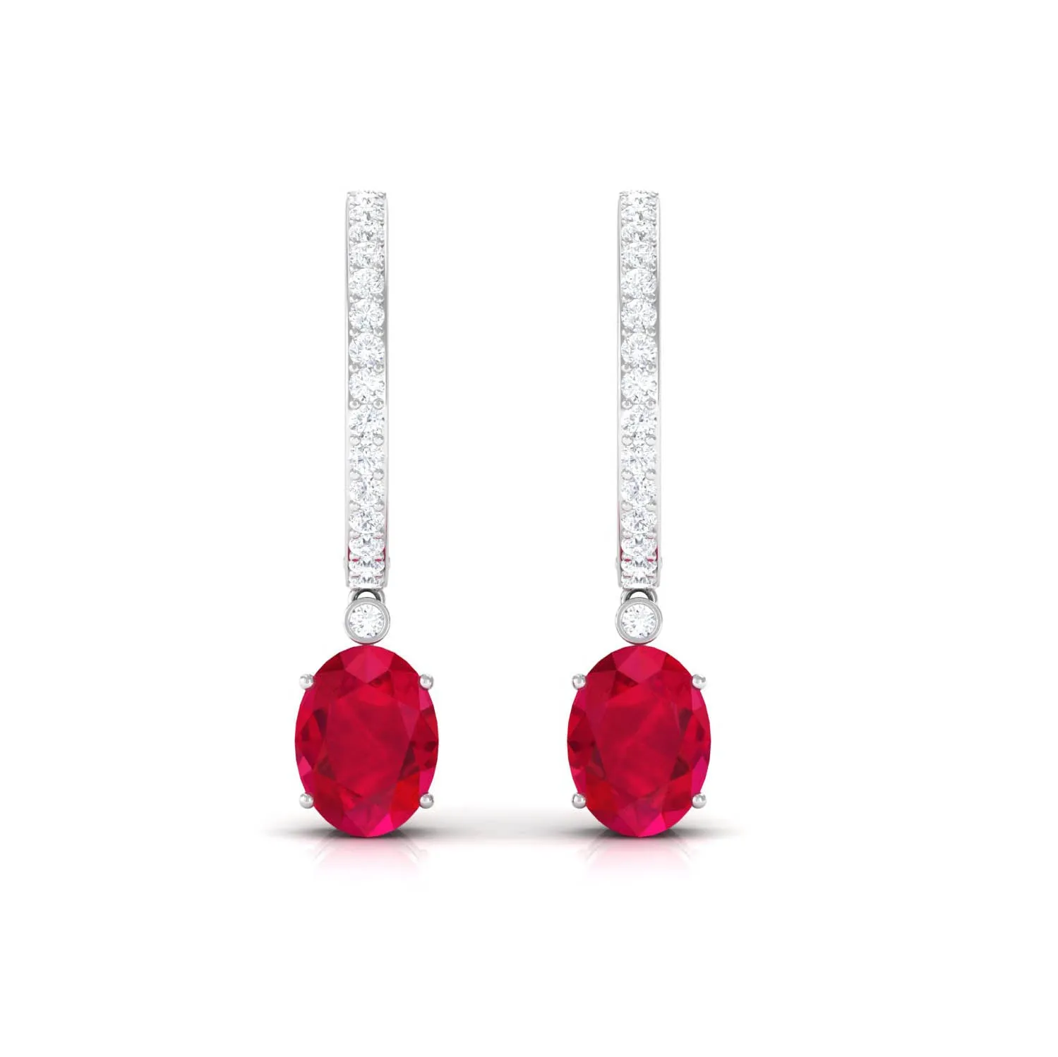 Oval Created Ruby Hinged Hoop Drop Earrings with Diamond