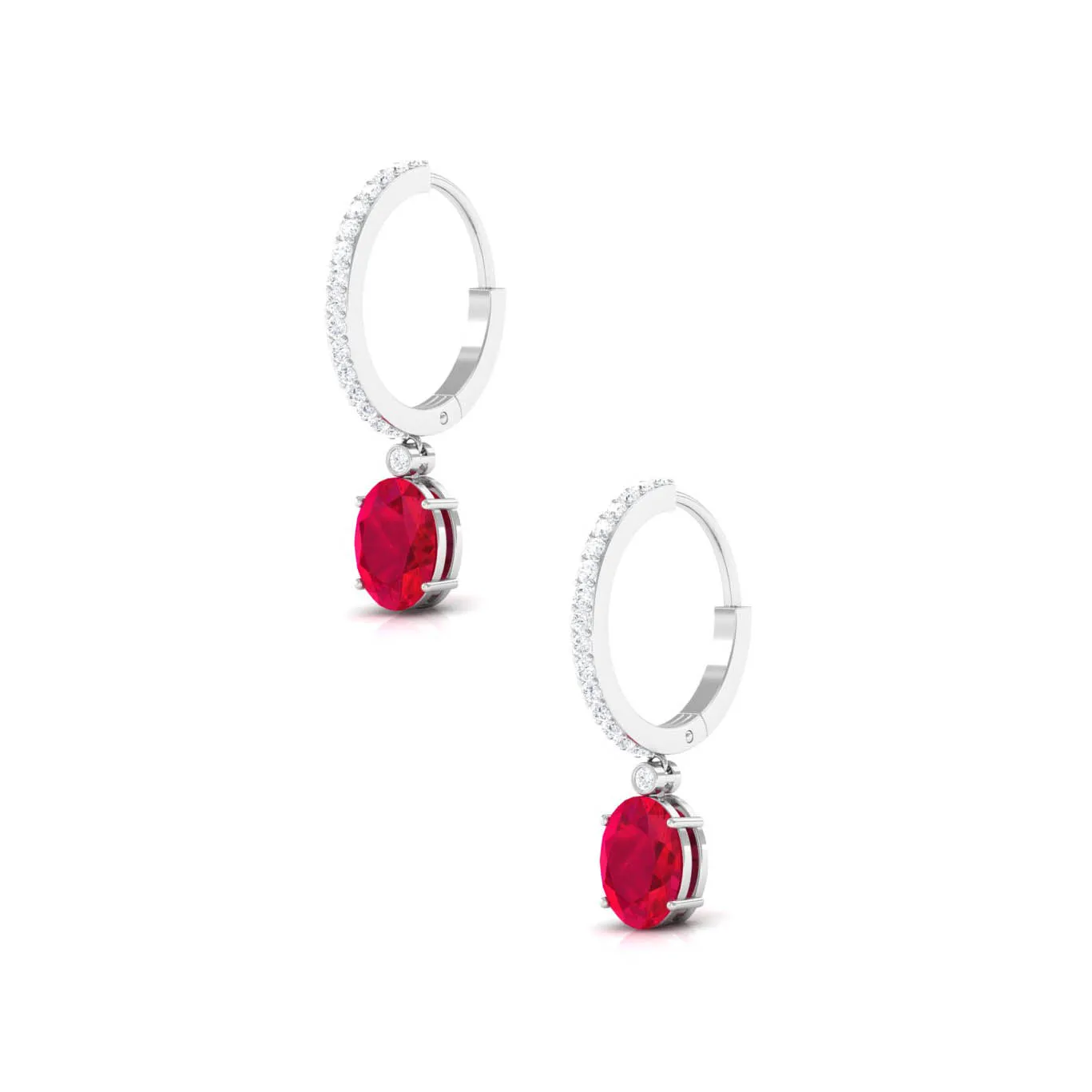 Oval Created Ruby Hinged Hoop Drop Earrings with Diamond