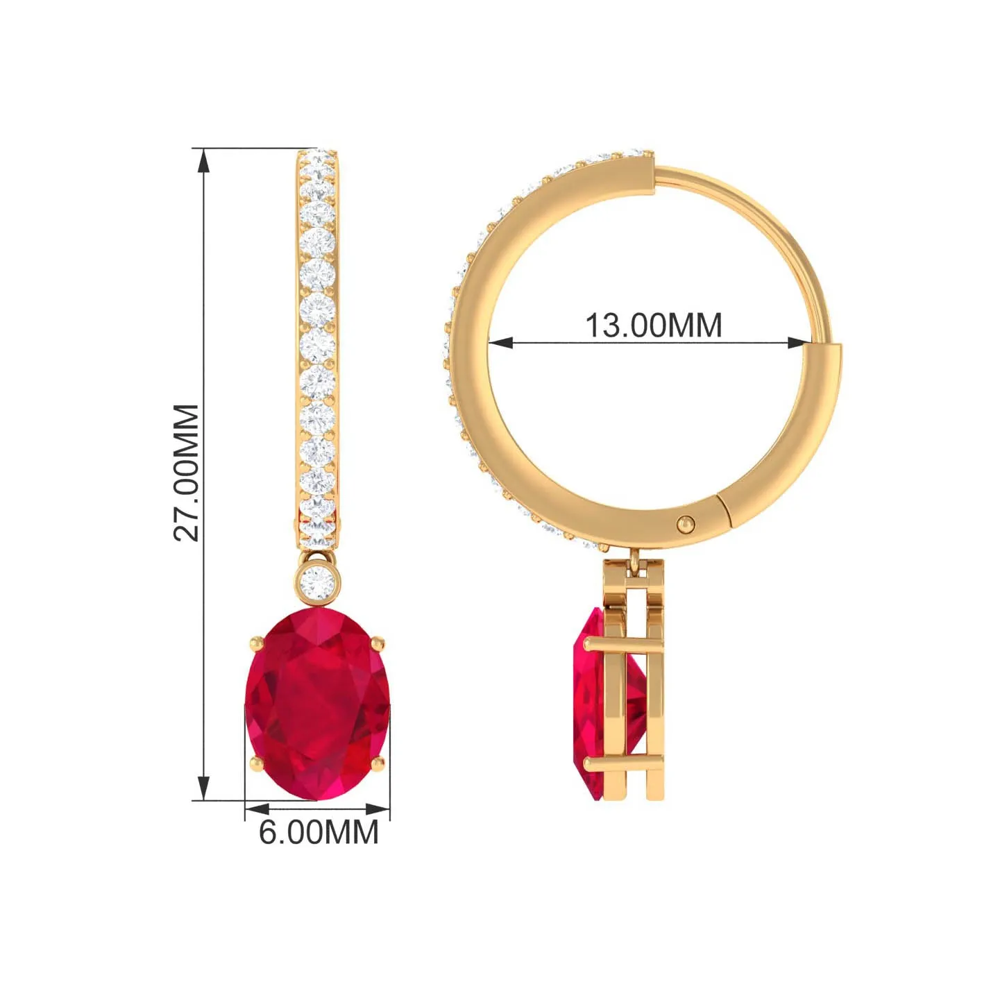 Oval Created Ruby Hinged Hoop Drop Earrings with Diamond