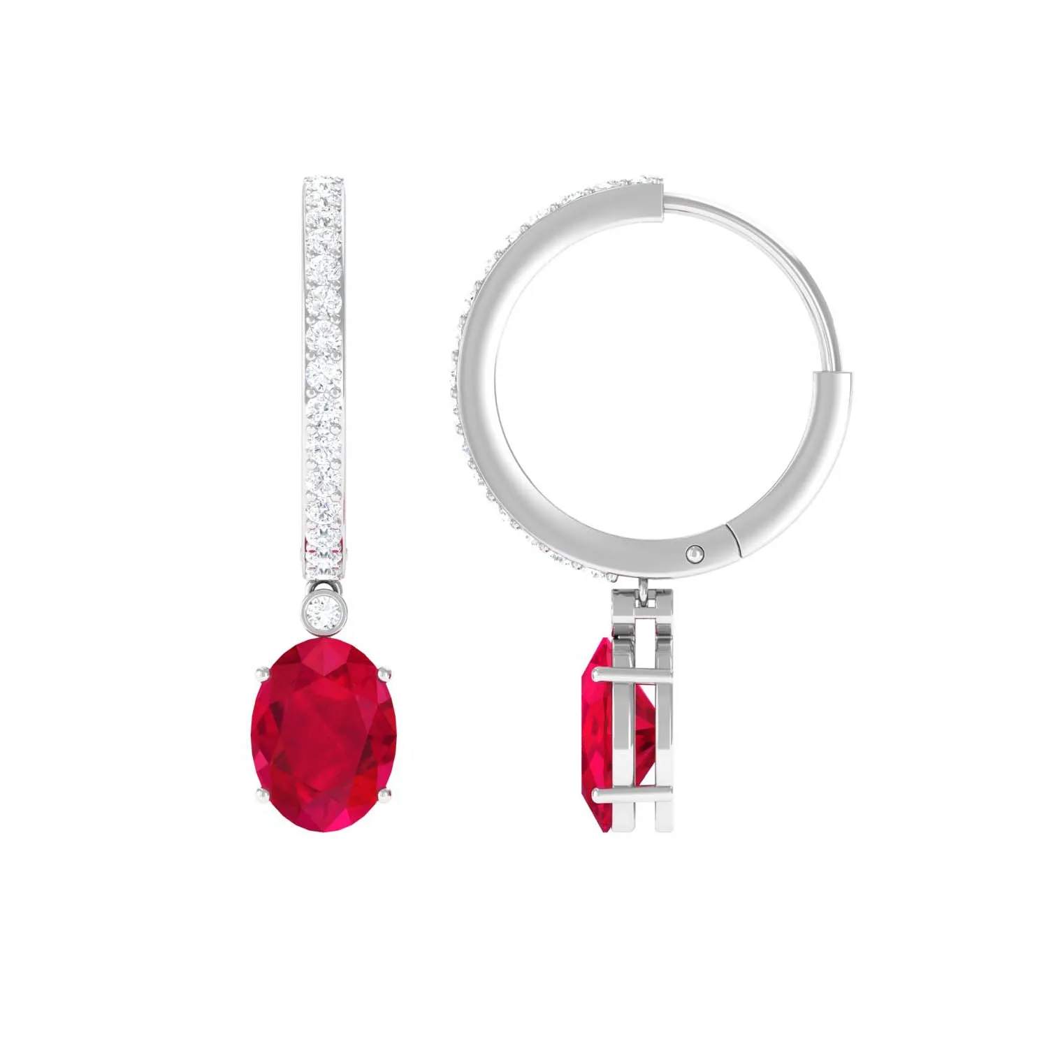 Oval Created Ruby Hinged Hoop Drop Earrings with Diamond