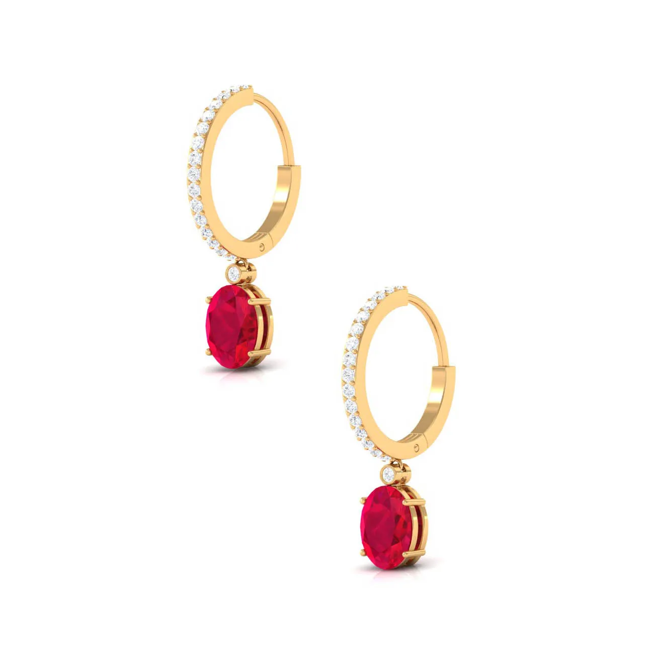 Oval Created Ruby Hinged Hoop Drop Earrings with Diamond