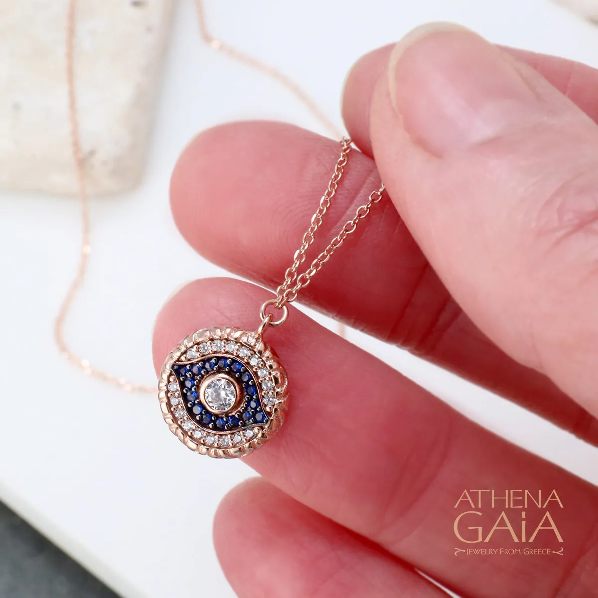 Pave Framed Evil Eye Necklace Rose Gold (In-Stock)