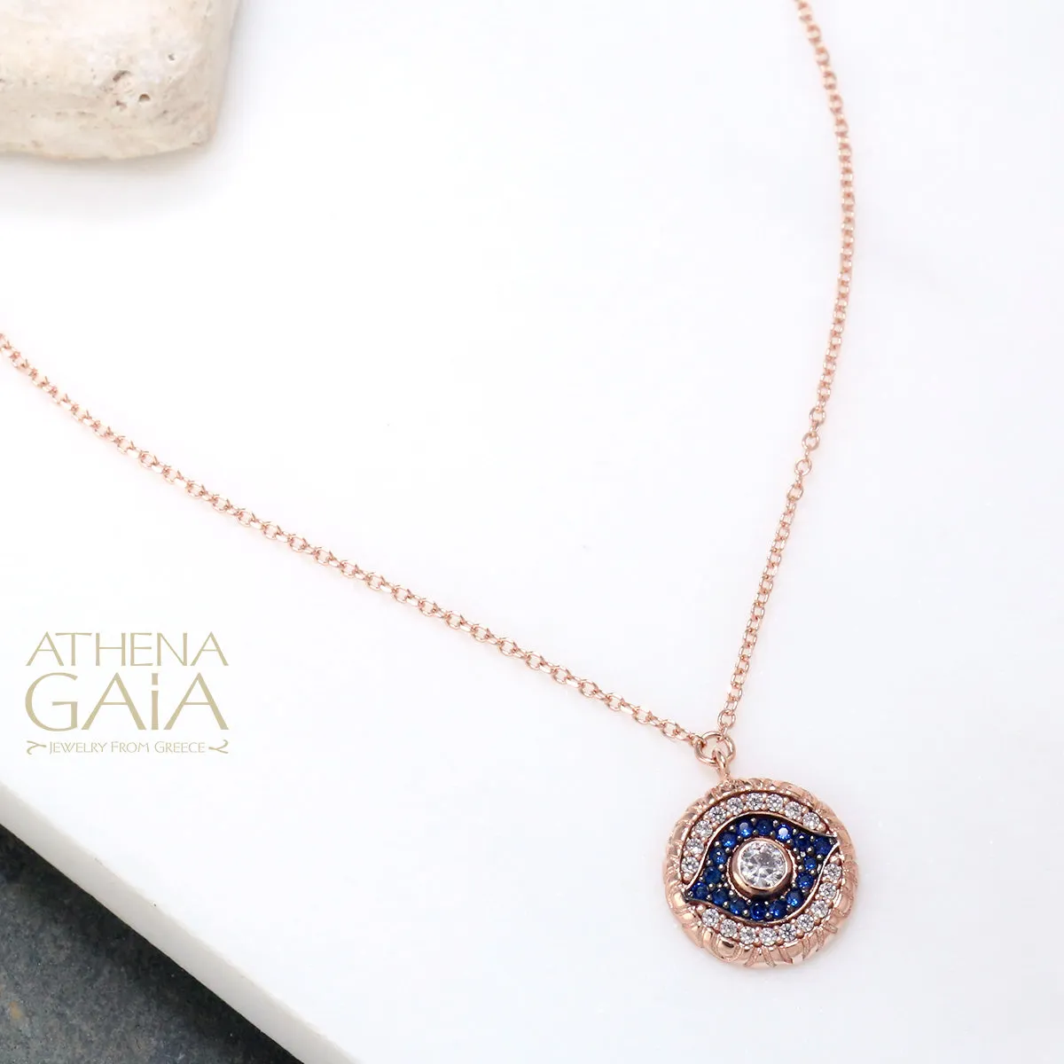 Pave Framed Evil Eye Necklace Rose Gold (In-Stock)