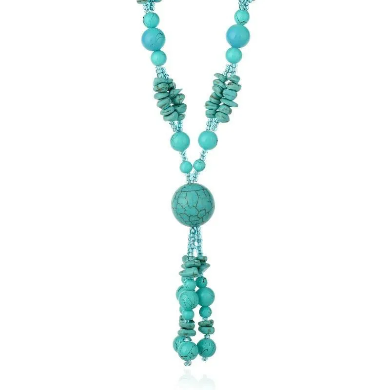 Penelope Turquoise Beaded Long Tassel Necklace