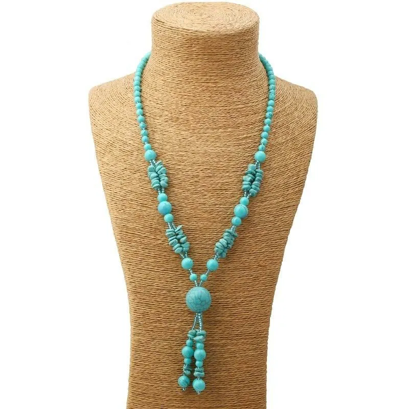 Penelope Turquoise Beaded Long Tassel Necklace