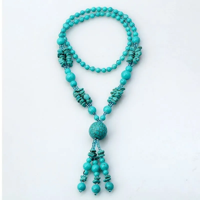 Penelope Turquoise Beaded Long Tassel Necklace