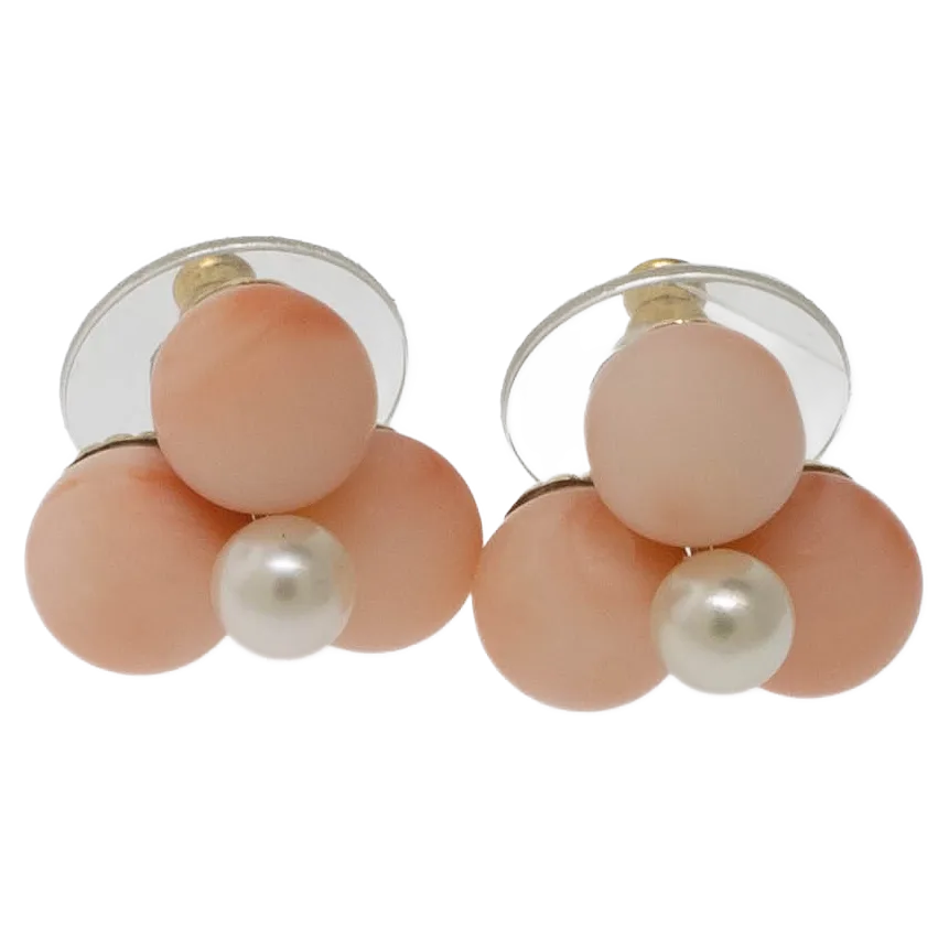 Pre-Owned 14K Yellow Gold Pink Coral & Pearl Earrings, 2.9 DWT, Plastic Backs