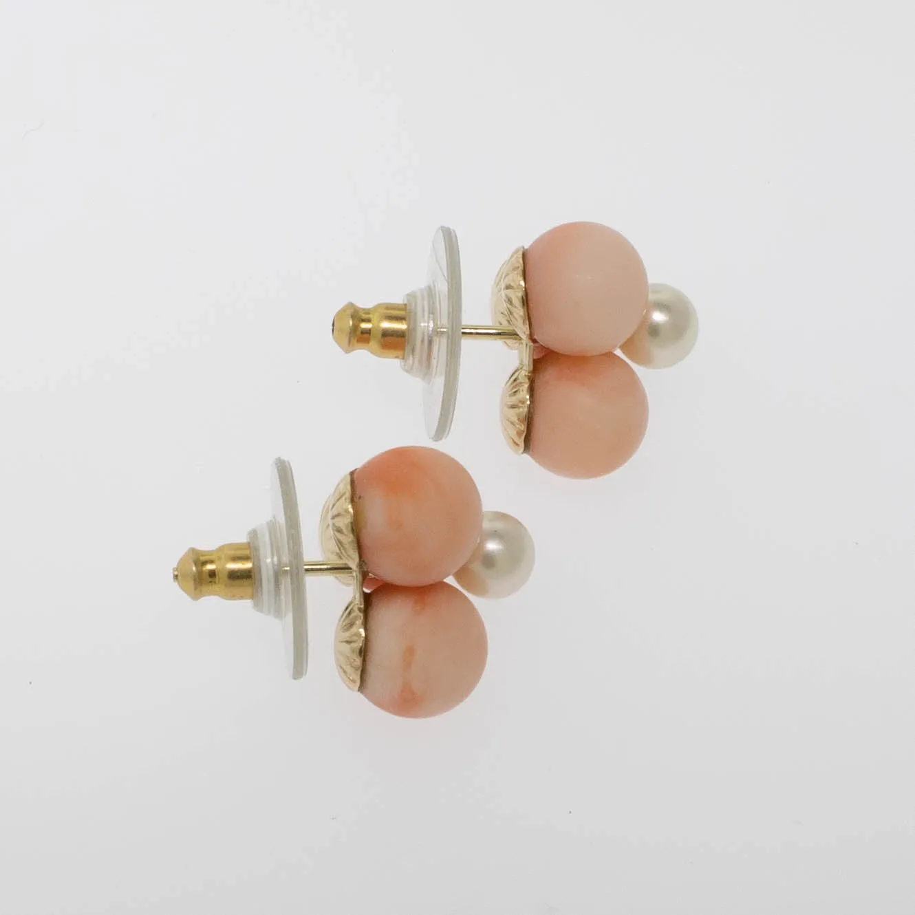 Pre-Owned 14K Yellow Gold Pink Coral & Pearl Earrings, 2.9 DWT, Plastic Backs