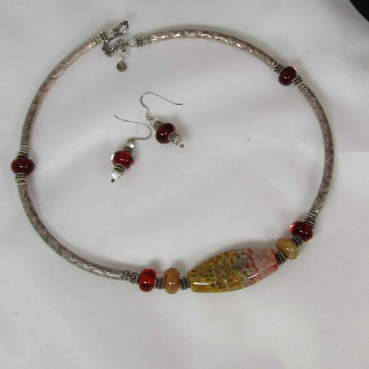 Red Handmade Artisan  Bead Silver Necklace & Earrings