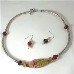 Red Handmade Artisan  Bead Silver Necklace & Earrings