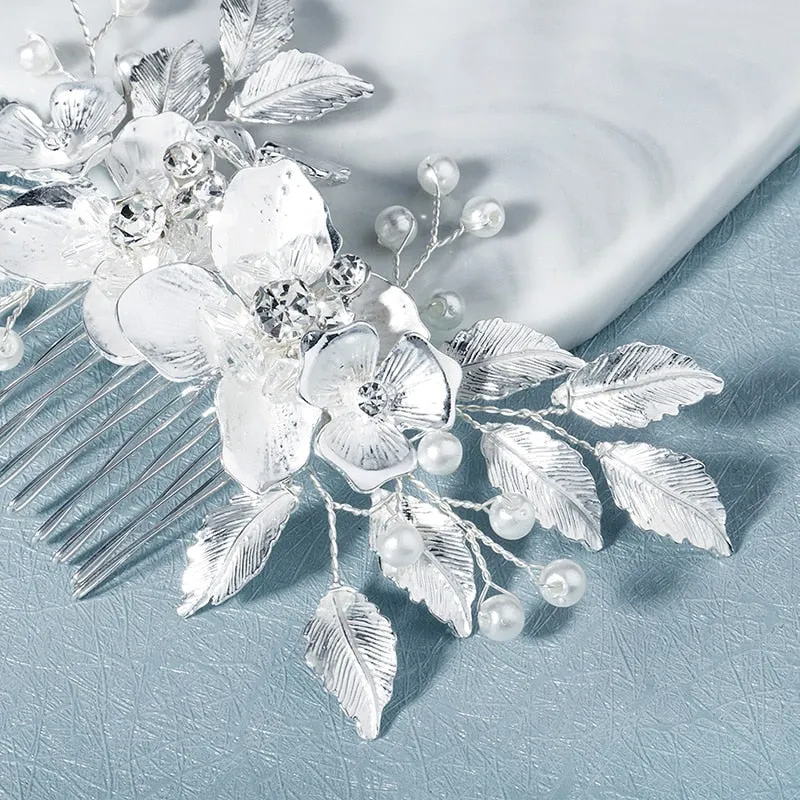 Rhinestone Crystal Flower Leaf Bridal Wedding Hair Comb