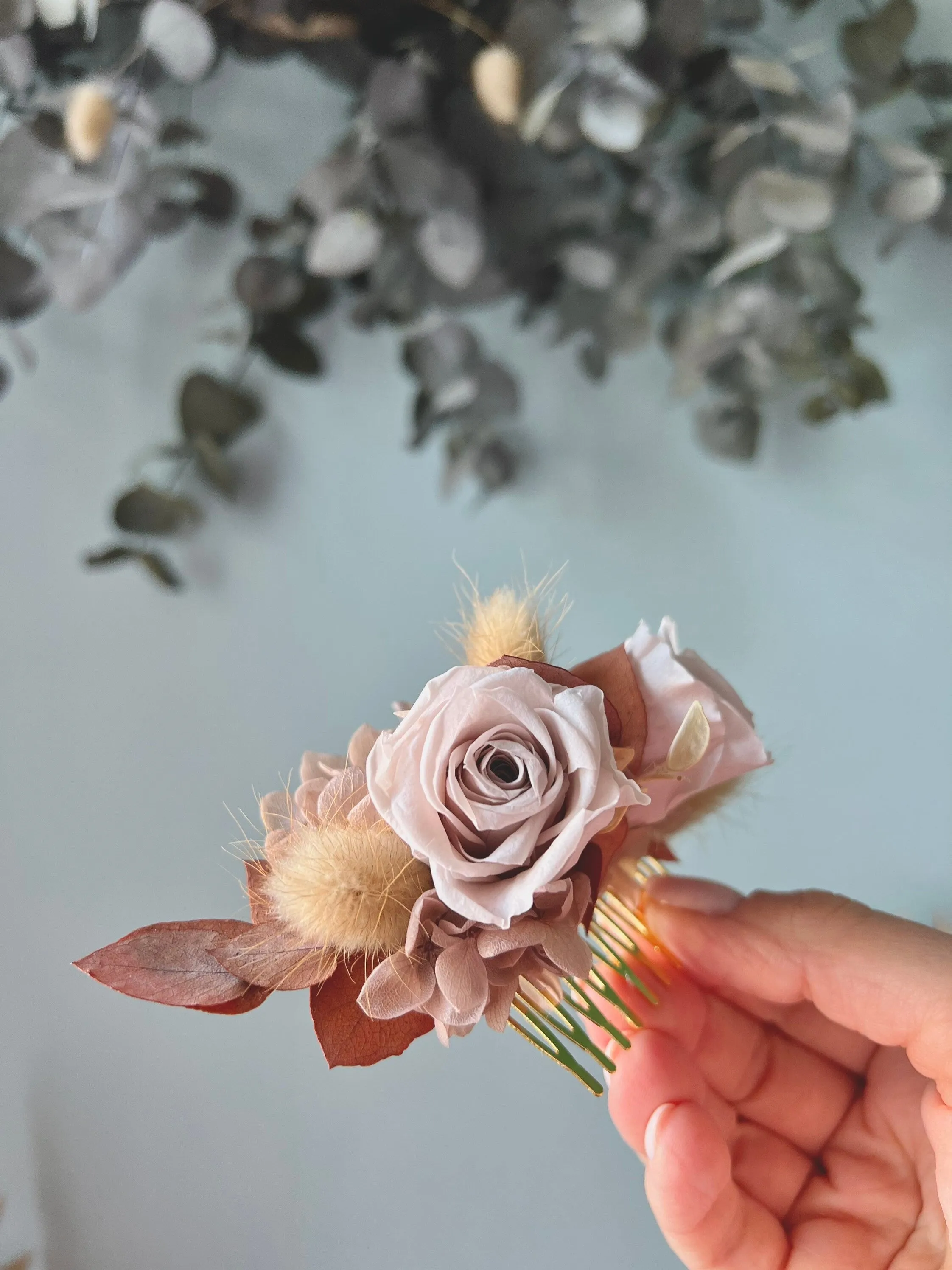 Rustic Barn Wedding Floral Hair Piece Terracotta Rose Nude Brown Eucalyptus Dried Flower Head Piece Wedding Hair Comb Earthy Pastel Nude