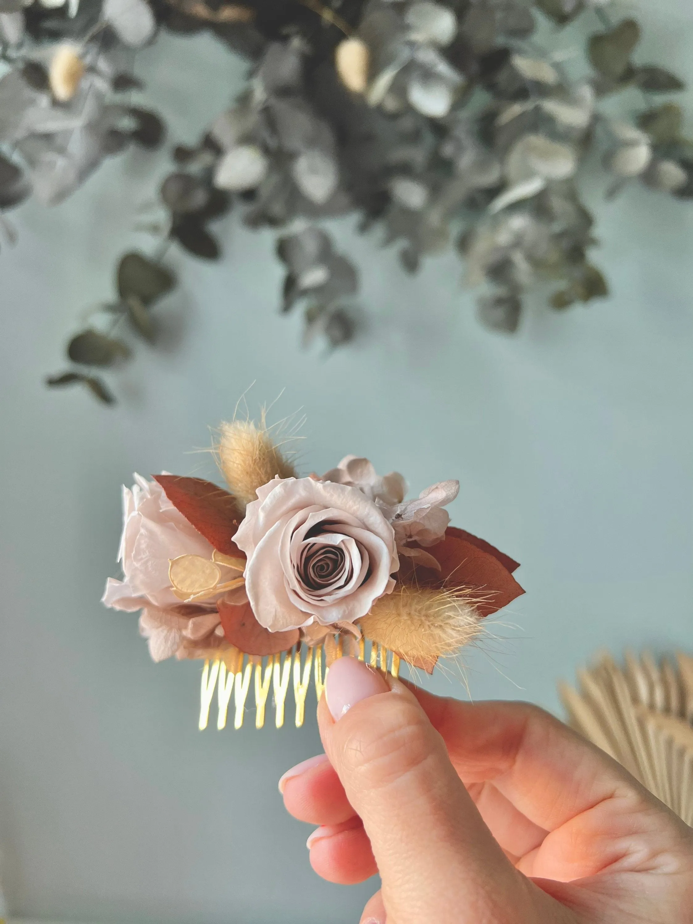 Rustic Barn Wedding Floral Hair Piece Terracotta Rose Nude Brown Eucalyptus Dried Flower Head Piece Wedding Hair Comb Earthy Pastel Nude