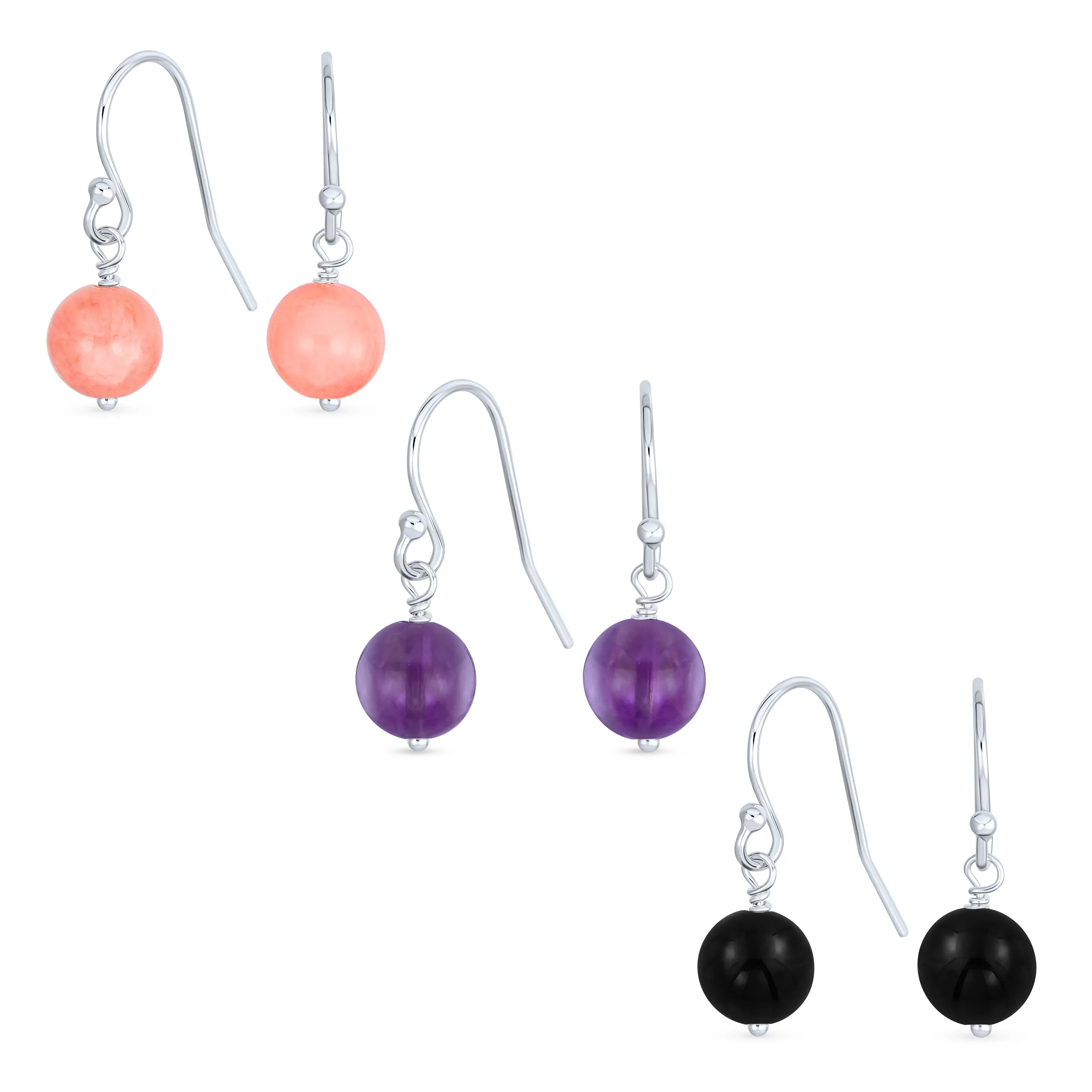 Set of Three Drop Ball Earrings Onyx Coral Amethyst Beads Sterling Silver Hooks