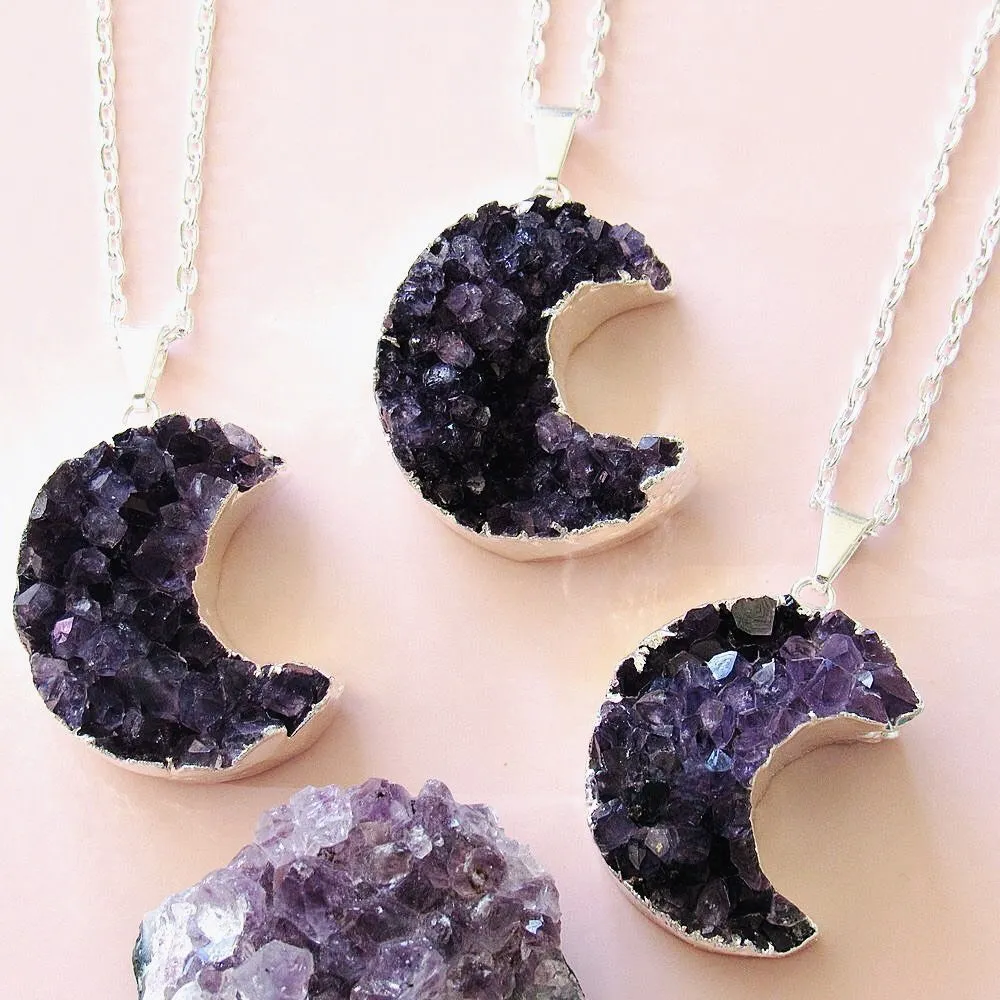 Silver Amethyst Cluster Moon Necklaces