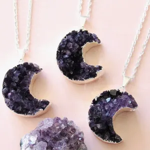 Silver Amethyst Cluster Moon Necklaces