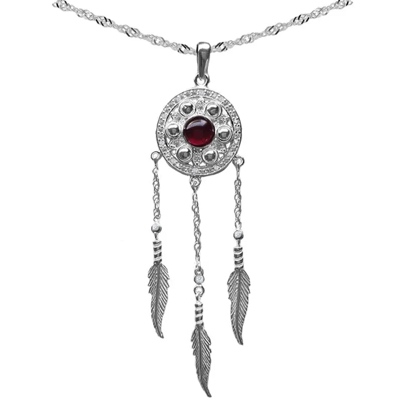 Silver Dreamcatcher Necklace, Dreamcatcher Pendant with Garnet