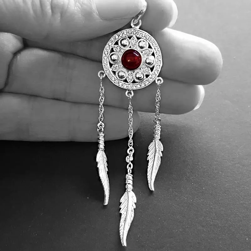 Silver Dreamcatcher Necklace, Dreamcatcher Pendant with Garnet