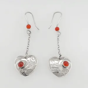 Silver Heart Earrings with Amber