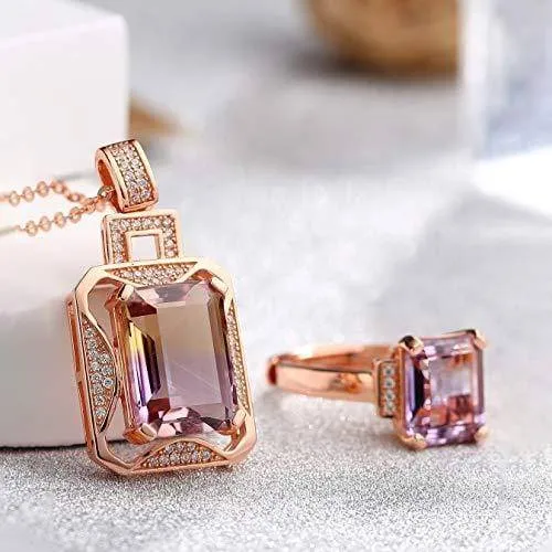 Silver Rose Gold Genuine AAA Royal Ametrine Pendant Necklace Ring Sets