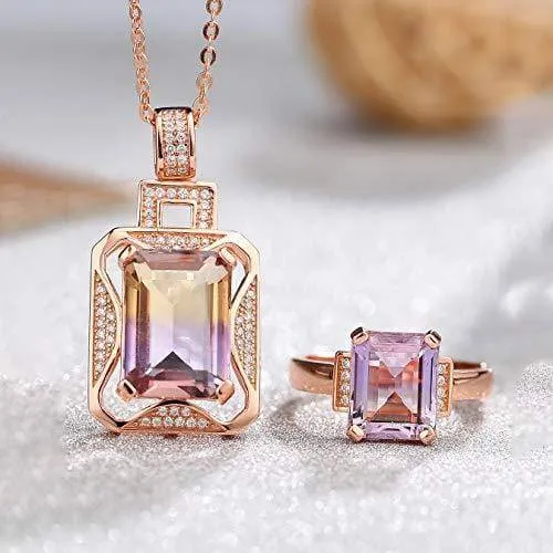 Silver Rose Gold Genuine AAA Royal Ametrine Pendant Necklace Ring Sets