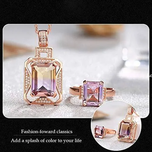 Silver Rose Gold Genuine AAA Royal Ametrine Pendant Necklace Ring Sets