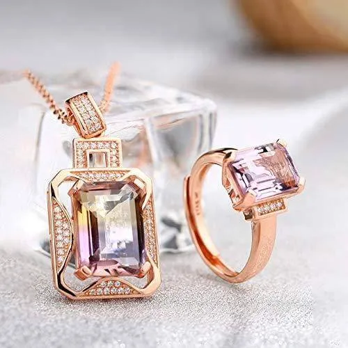 Silver Rose Gold Genuine AAA Royal Ametrine Pendant Necklace Ring Sets