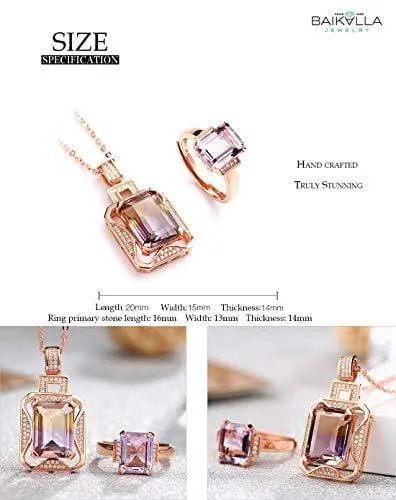 Silver Rose Gold Genuine AAA Royal Ametrine Pendant Necklace Ring Sets