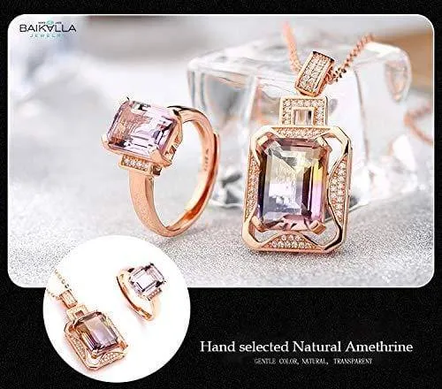 Silver Rose Gold Genuine AAA Royal Ametrine Pendant Necklace Ring Sets