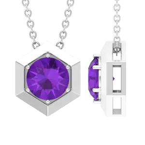 Solitaire Amethyst Hexagon Pendant Necklace