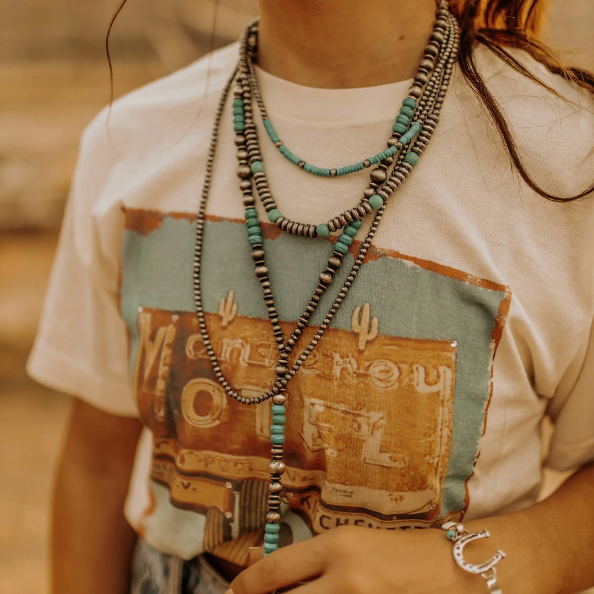 Stacked Turquoise and Silver Pearl Y Lariat Necklace