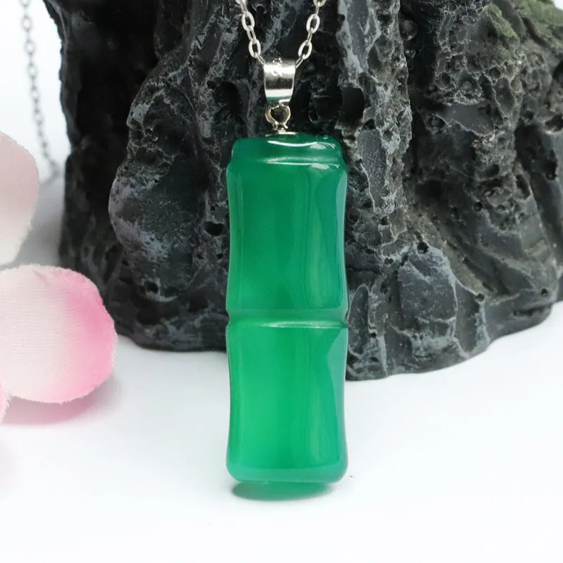 Sterling Silver Necklace with Green Chalcedony Bamboo Pendant