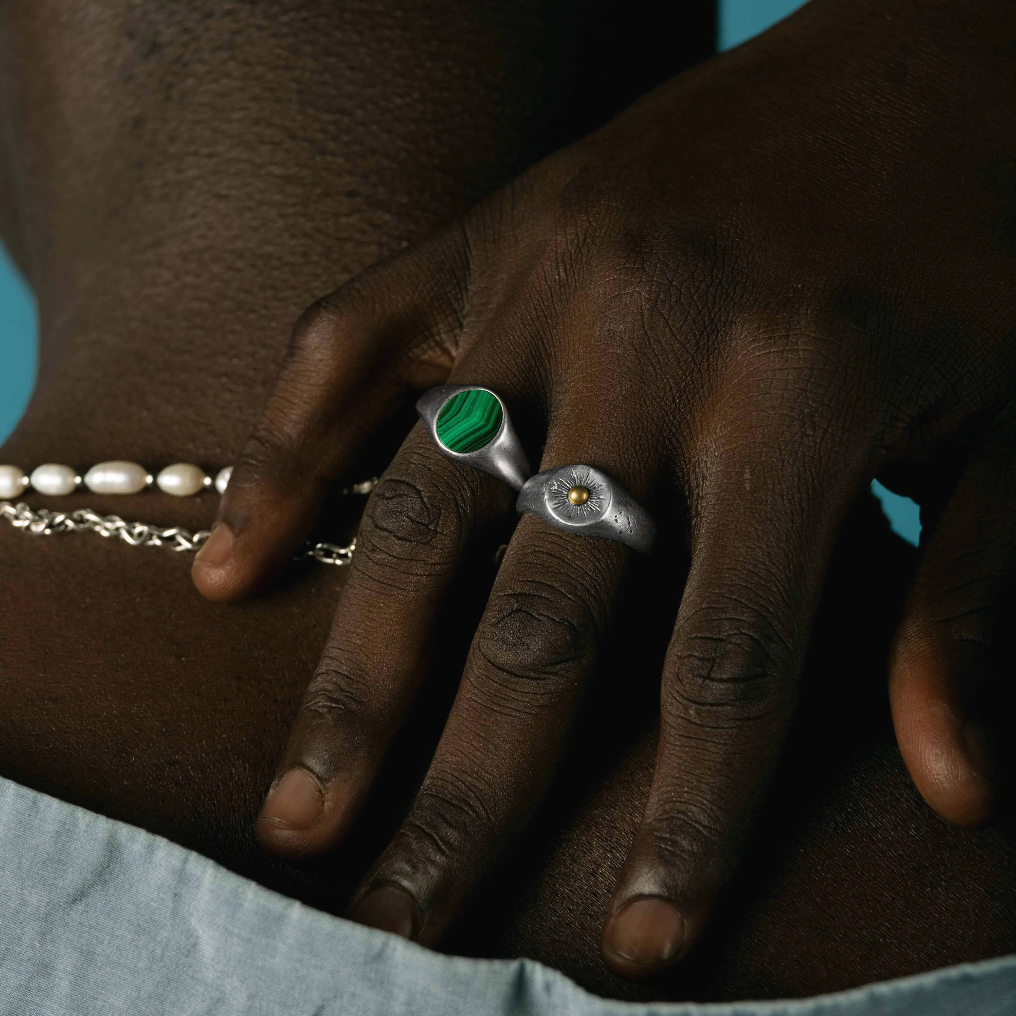 Sterling Silver Oval Signet Ring With Malachite Stone